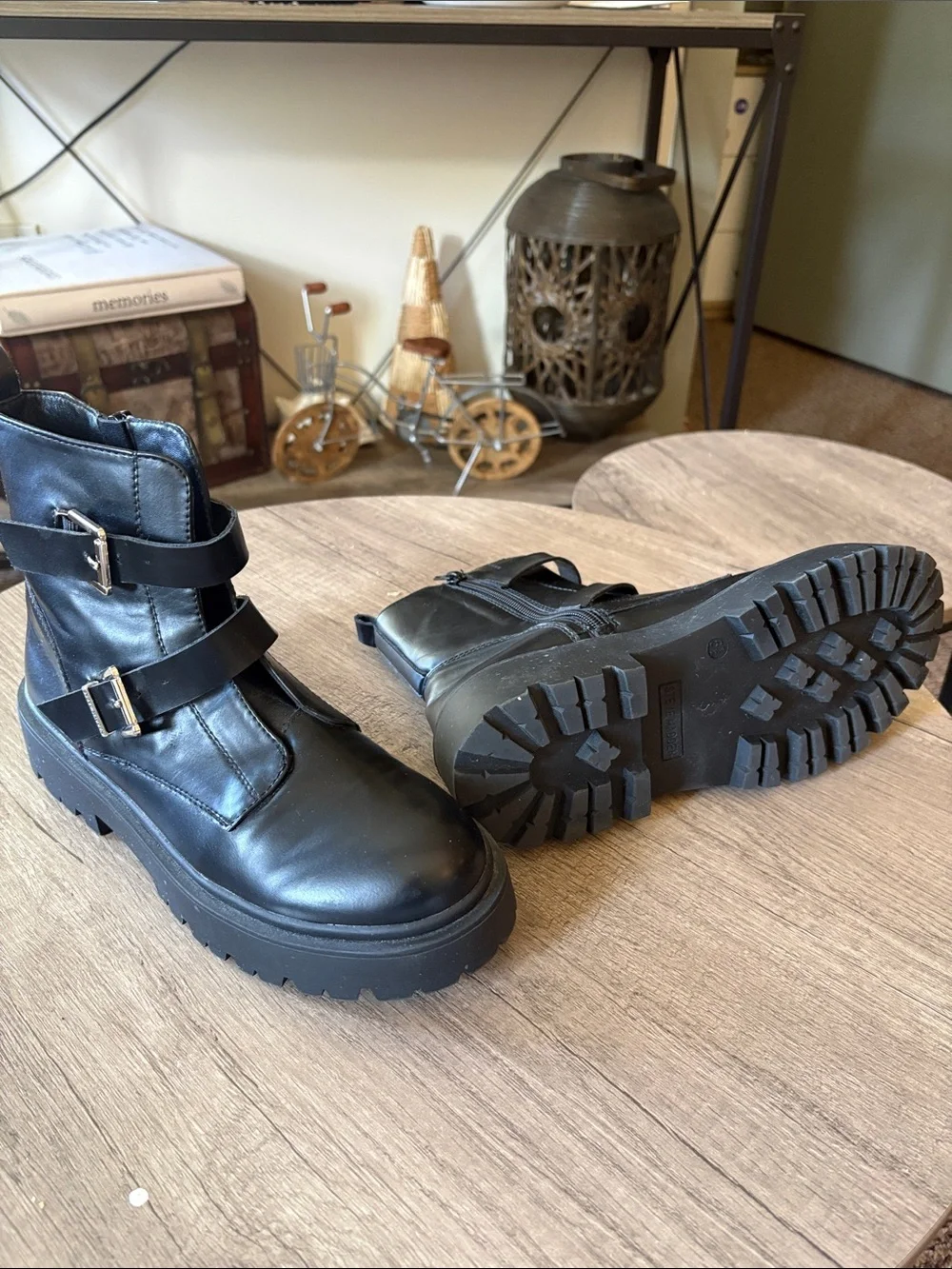 Black Leather Strap Combat Boots - women